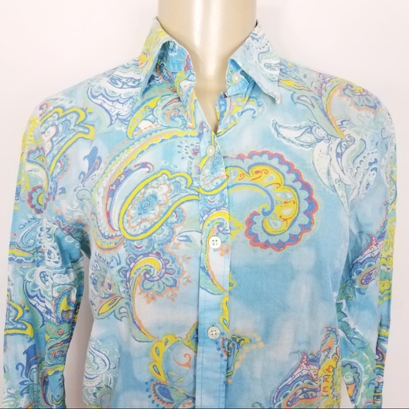 LRL Blue Multicolor Paisley Blouse Petite Small - Picture 2 of 7